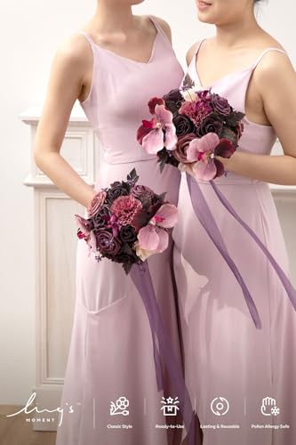 Ling's moment Artificial Bridesmaid Bouquets Set of 4,Deep Plum Wedding Flower Bouquets Purple Floral Bouquet Red Bridal Bouquets with Ribbon Ceremony Anniversary,7-inch Diameter - color: Deep Plum