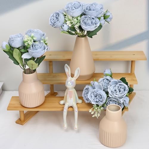 Flower Table Centerpiece - Dining Table Centerpiece Decor Set of 3 Fake Peonies in Ceramic Vases & Wood Tray Modern for Kitchen Island Living Room Coffee Table Home Decor (Blue) - color: Blue