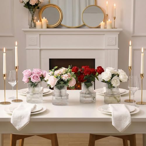 Ribbed Glass Vases, Set of 4 Small Vases for Flowers, Clear Glass Vase for Tulips, Modern Vase for Living Room, Kitchen, Office, Entryway, Bookshelf, Wedding Gifts, Birthday, 6 Inches - color: Clear, size: Ribbed 6 Inches (4-Pack)