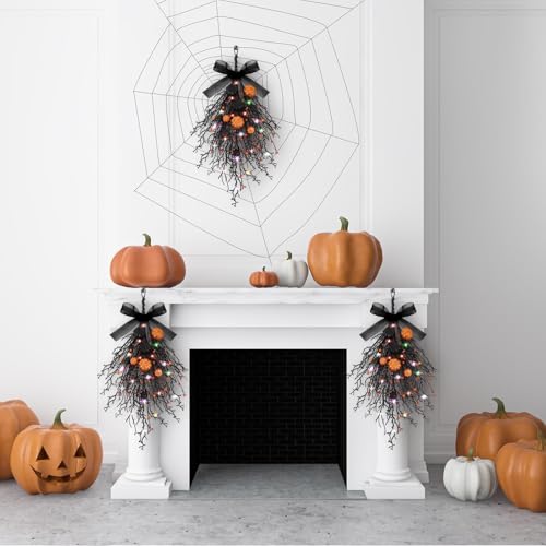 2 PCS Halloween Wreaths Halloween Floral Teardrop Swags Hanging Swag Plants Black Garland with Pumpkin Berries and 9.8ft Lights for Indoor Outdoor Party Wall Home Room Fireplace Porch Window Decor - color: Halloween Swags
