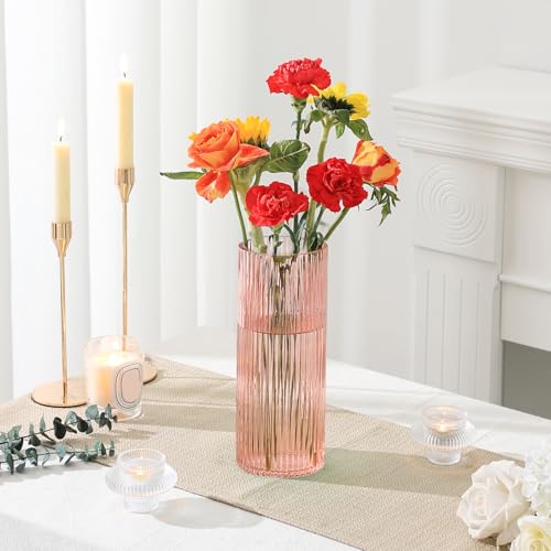 Pink Glass Vase for Flowers Ribbed Glass Vase, Pink Flower Vase, Tall Cylinder Glass Vases for Centerpieces, Living Room, Bedroom, Dining Table, Office, Wedding, Bookshelf Decoration,10 Inches - color: Pink, size: 10''