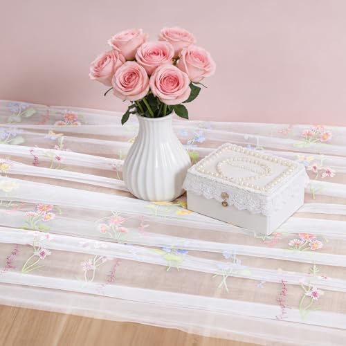 BINBE 3pcs Ivory Florals Table Runner Embroidery Gauze 10FT Daisy Seasonal Tulle Birthday Wedding Holiday Kitchen Dining Table Decor for Home Party - color: Lvory, size: 10ft x 3pack