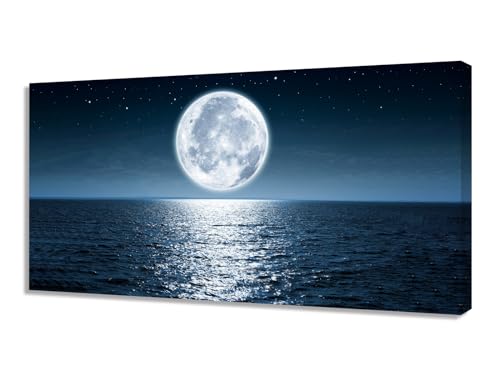 Wall Art Canvas Print Moon Sea Ocean Landscape 1 Panels Full Moon Picture Painting Framed and Stretched Ready to Hang for Living Room Bedroom Office Home Decor Artwork - color: Dark Blue, size: 71"L x 36"W