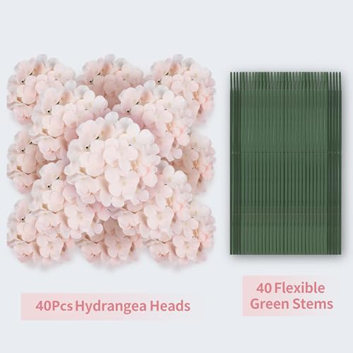 40 PCS Pink Silk Hydrangea Flowers, Detachable Heads + 8-Inch Wired Stems, Full 6 Inch Faux Hydrangea Heads for Baby Shower, Bridal Shower & Pollen-Free Decor - color: Pink(no Accessories)