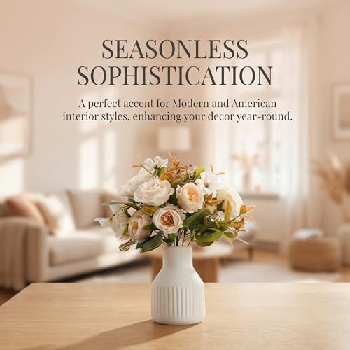 Small 10" Fake Fake Flowers in Vase Silk Roses Artificial Flowers in Ceramic Vase,Faux Flower Plant Arrangement for Home Office Farmhouse Bathroom Dining Table Centerpiece Decorations (White)