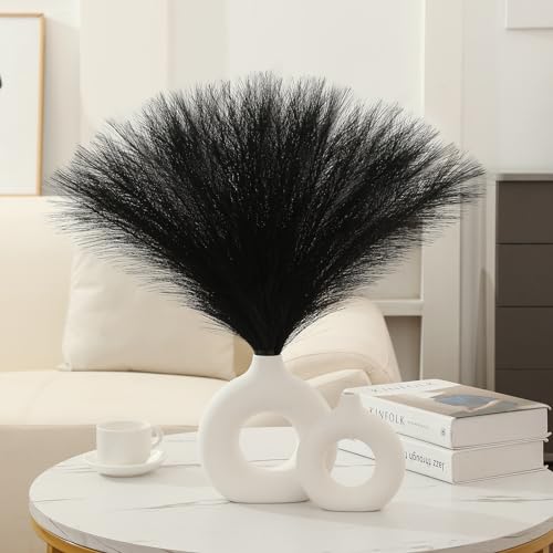 Ureymx Faux Pampas Grass Decor 17.7 Inch 6pcs, Artificial Pampas Grass Fluffy Home Decor, Short Vase Room Decor pompous Grass Flower Arrangement for Boho Home Wedding Decoration (Black) - color: Black, size: 17 Inch 6 Pcs