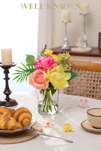 WELL KNOWN Artificial Flowers in Glass Vase, Spring Flowers Silk Rose Peony Bouquet for Home Dining Table, Office, Hotel, Wedding, Party, Lavatory Decor & Birthday Gift (Hot Pink, Coral & Yellow) - color: Hot Pink & Yellow