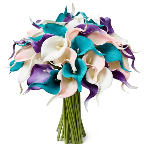 24 Pcs Artificial Calla Lily Flowers Colorful Fake Silk Flowers Real Touch for Wedding Bouquet Office Home Kitchen Decor - color: White-pink-teal-purple