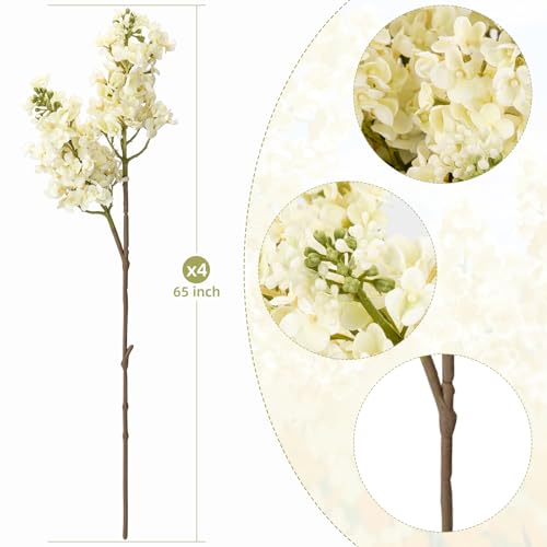 4PCS 25.6inch Lilac Artificial Flowers White Fake Delphinium Long Stem Silk Real Touch Flower Faux Lilac Floral Arrangement for Tall Vase Table Centerpieces Wedding Garden Home Decoration（White） - color: 25.6inch White