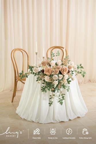 Ling's moment 2PCS Beige Artificial Flower Garland Wedding Arch Flowers Ivory Floral Swags Table Centerpieces Greenery Arrangements for Sweetheart Table Easel Wall Entryway Board Backdrop - color: Brn-beige