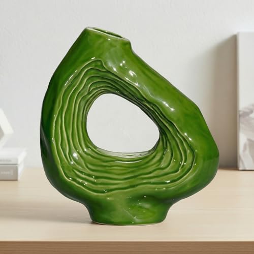 Sunddo Donut Ceramic Flower Vase, Green Modern Vase for Flowers, Boho Style Decorative Vases for Living Room, Bookshelf, Mantle Entryway, Table or Console Décor, 9 Inch - color: Green, size: 9 inch
