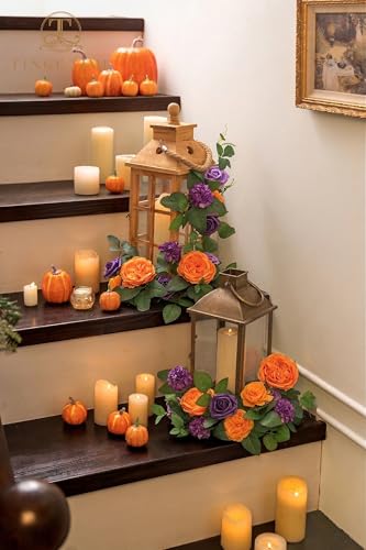 TINGE TIME Artificial Flowers, Fake Rose Silk Dahlia with Stems for DIY Bridal Wedding Bouquets Baby Shower Floral Arrangements Centerpiece Table Party Home Decorations (Burnt Orange and Purple) - color: Burnt Orange and Purple2