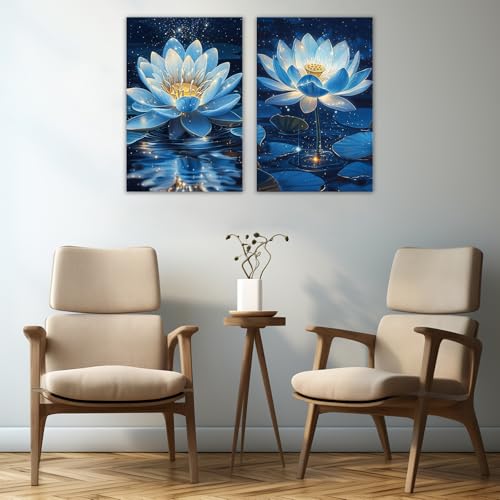 KPLUNDO Blue Lotus Floral Wall Art 2 Panel Blooming Zen Flower Pictures Print Nature Inspired Decor for Living Room Bedroom Yoga Room(Artwork-5,16"x24"x2pcs) - color: Artwork-5, size: 16"x24"x2pcs