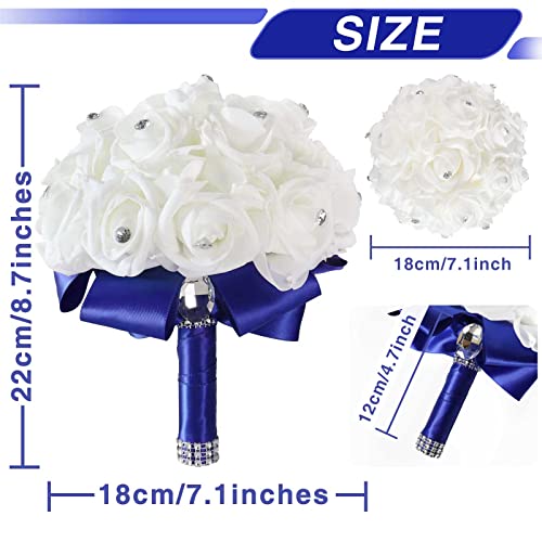 MOJUN Wedding Bouquets Crystal PE Roses Bridal Bridesmaid Wedding Hand Holding Bouquet Artificial Fake Flowers Toss Bouquet, Sapphire - color: Sapphire