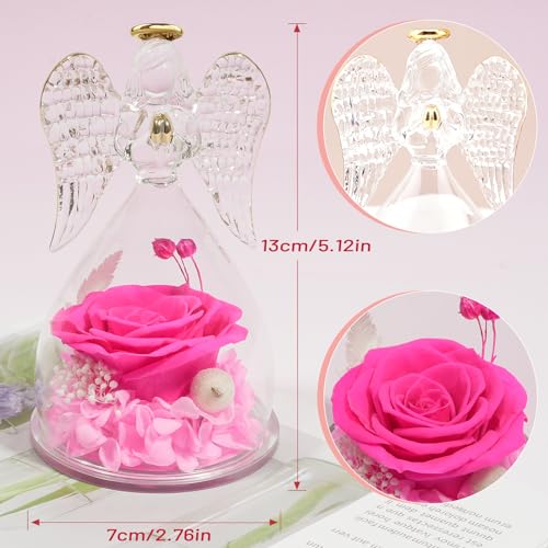 Miofula Gifts for Mom Birthday Gifts for Women, Preserved Flowers Rose in Glass Angel Figurines, Fresh Flowers for Delivery Anniversary Forever Real Roses Gifts for Mothers Grandma Her Wife Girlfriend - color: Radiant Pink