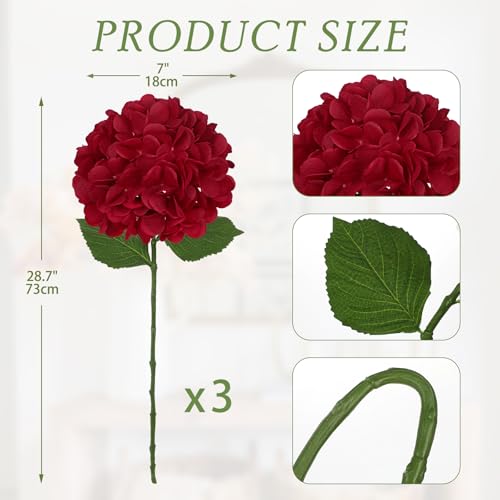 Hollyone 3Pcs Red Hydrangea Artificial Flowers Real Touch Faux Silk Hydrangeas Flowers with Stem Fake Florals Flower for Home Wedding Table Centerpiece Vase Arrangements Decoration - color: Red
