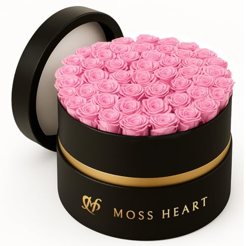 50 Petite Preserved Roses, Designer Round Box, Real Forever Roses Last 1+ Year, Premium Gift for Women, Wife, Girlfriend, Mother’s Day, Birthday, Anniversary, Valentine’s Day - color: Pink, size: 50 Roses