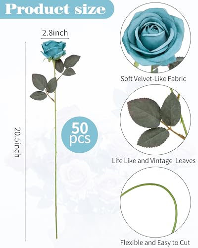 DuHouse 50pcs Artificial Flowers Silk Roses Realistic Fake Flowers for Wedding Decorations, Table Centerpieces, Bridal Bouquets, DIY Floral Arrangements, Party & Home Decor(Blue) - color: Blue