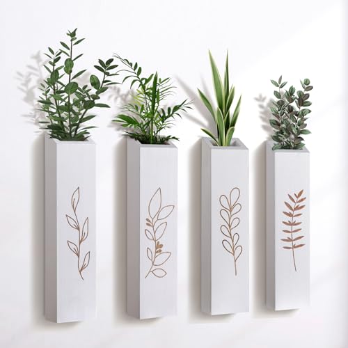 Wood Wall Planter, Farmhouse 4 Pack Indoor Pocket Wall Vases Decor for Living Room Bedroom Dried Flowers Faux Greenery Plants (White) - color: White