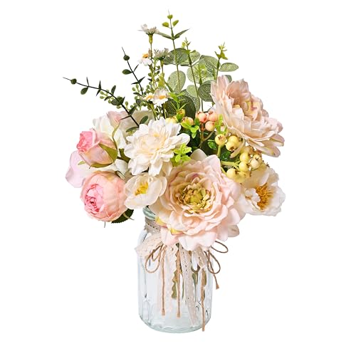 LUEUR Artificial Hydrangea in Vase for Mothers Gifts, Fake Silk Pink Flower Bouquet Artificial Flowers with Pot, Faux Dahlia Arrangement for Spring Living Room, Centerpiece Table Decorations - color: Pink