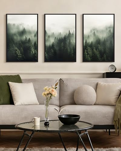 PHOPAGO Green Fog Pine Tree Framed Wall Art Large 16x24in Nature Misty Nordic Forests Artwork Morden Paints for Living Room Home Office Decor - Black Framed - color: Green Pine Forest, size: 24L" x 16W" x 3 Pcs Black