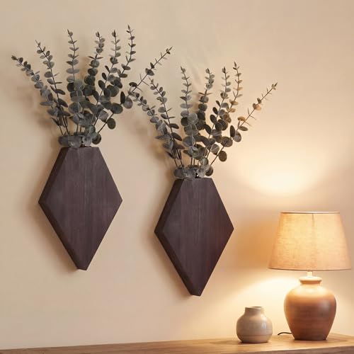 Chunful 2 Pcs Wooden Wall Planter Decor Hanging Fake Plants Greenery Flowers Holder Vase Boxes for Wall Bohemian Farmhouse Room Kitchen Office Indoor Decoration(Brown,7.1 x 4.7 x 1.2 Inches) - color: Brown, size: 7.1 x 4.7 x 1.2 inches