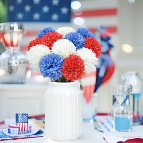 Artificial Chrysanthemum Ball Flowers Bouquet 12pcs on 4th of July Glorious Moral for Home Office Coffee House Parties Decoration (Red White Blue) - color: Red White Blue