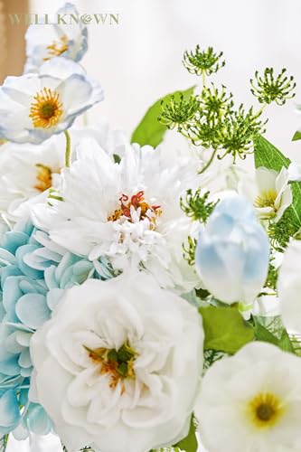 WELL KNOWN Artificial Silk Flowers Bouquet with Vase, Fake Flower Arrangements in Glass Vase with Faux Water for Spring Summer Seasonal Home Office Hotel Wedding Table Decor (Blue in Spring) - color: Blue in Spring
