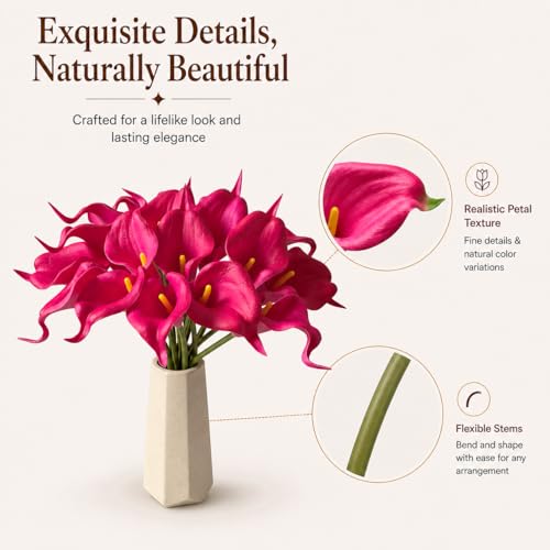 Mandy's 20pcs Hot Pink Calla Lily Artificial Flowers | 13.5 Inch PU Realistic Bouquet for Vase Elegant Home Decor Centerpiece Wedding Bridal Bouquet Table Decoration - color: Hot Pink