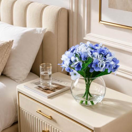 2 Pcs Hydrangea Artificial Flowers - Fake Flowers Real Touch Floral Arrangement with Faux Water in Glass Vase, Home, Bathroom and Office Table Centerpiece Decor