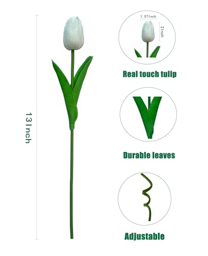 15pcs White Tulips PU Artificial Flowers Real Touch Fake Tulips for Spring Easter Home Kitchen Wedding Bouquet Bulk Mother's Gift Day Decorations - color: White