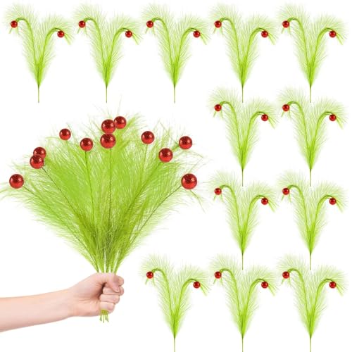 12 Pcs Lime Green Picks Whimsical Christmas Tree Toppers 17'' Double Head Artificial Curly Green Pampas Grass Stems with Red Ball Xmas Ornaments for Christmas Tree Decor Vase Fillers Wreath Crafts