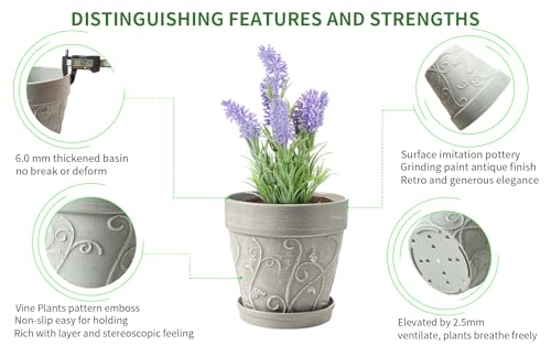 Melphoe Plant Pots Indoor with Drainage & Saucer, 2Pack 8 inch Flower Pots Outdoor Planters for Indoor Plants Garden Home Decor Cactus Succulent, Rigid Plastic (Imitation-Terracotta) Vine-Embossed - color: Cement Grey Color, size: 8''