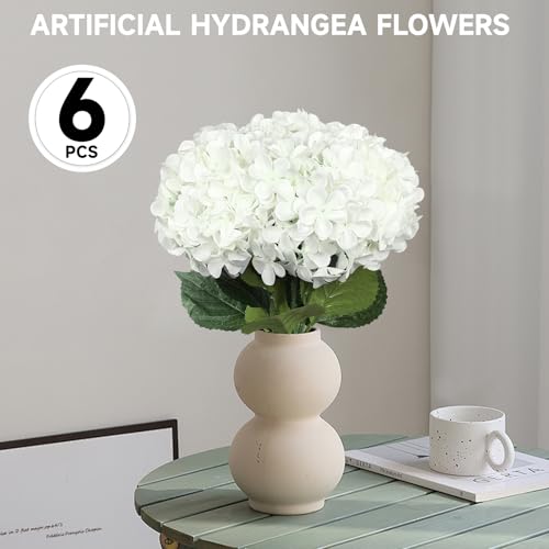6 PCS Artificial Hydrangea Flowers, Faux Silk Hydrangea with Long Stems, Home Wedding Decor, Table Centerpieces, Party Decorations(White) - color: White
