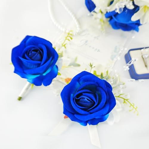 Royal Blue White Corsage and Boutonniere Set for Wedding Prom, Artificial Rose Flower Wrist Corsage Bracelets, Homecoming Corsage Wristlet, Boutonniere for Men Wedding Suit Decorations