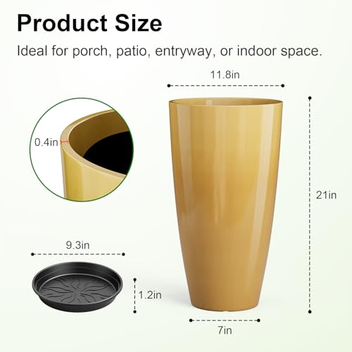 QCQHDU 21 inch Tall Planters for Outdoor & Indoor Plants, 2 Pack Sturdy Plant-Flower-Tree Pots for Front Porch Patio Deck Living Room Decor, Golden - color: Golden, size: 21 inch