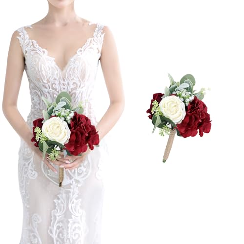 Artificial Bridesmaid Bouquet for Wedding - Burgundy White Single Wedding Bouquet for Bridesmaid, 7 Inch Bridal Bouquets for Bridesmaids Bridal Shower Vintage Wedding Ceremony, Anniversary - color: Burgundy & White, size: 1pcs Bouquets