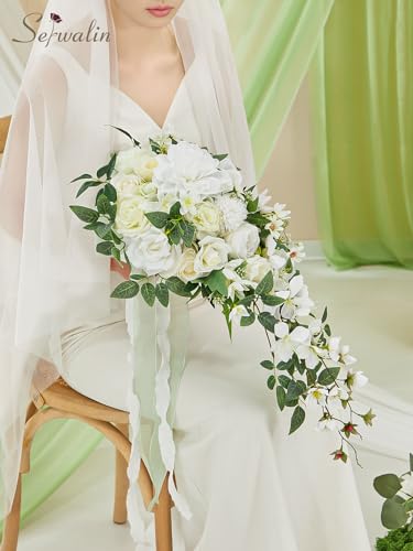 Serwalin 11Inch Bridal Bouquet White Green Wedding Bouquets for Bride Bridesmaid Artificial Wedding Flowers for Wedding Ceremony Anniversary - color: White