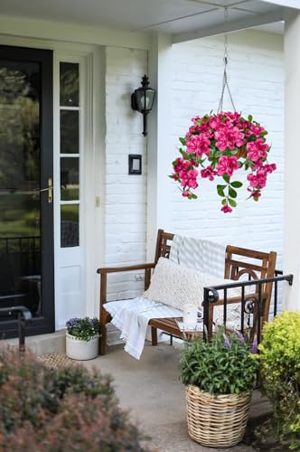 Briful Fake Hanging Flowers with Basket, Hot Pink Artificial Azalea Hanging Silk Basket Flowers Outdoor Faux Flowers for Home Garden Patio Porch Balcony Yard Decor - color: Hot Pink, size: Large