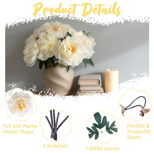 Light Champagne Premium Silk Artificial Peonies, 2 Bouquets (10 Large 5.12" Heads), 13.78" Tall Fake Floral Arrangements for Wedding Centerpieces, Home Decor & Indoor Vase Display - color: Light Champagnek