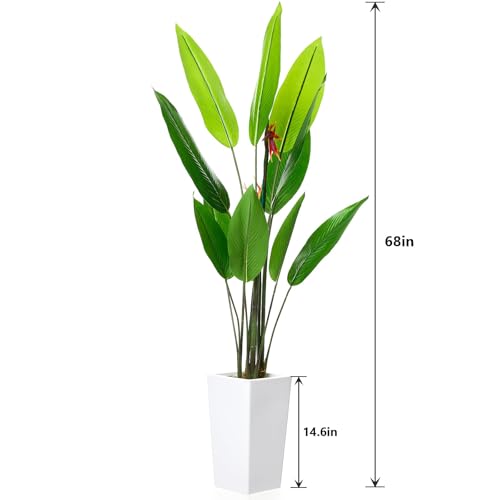 GAOMON 5.6 FT Artificial Bird of Paradise Tree with Artificial Flowers, Faux Artificial Plants for Indoor&Outdoor with 12 Leaves Fake Banana Leaf Plant Artificial Palm Tree with White Tall Planter