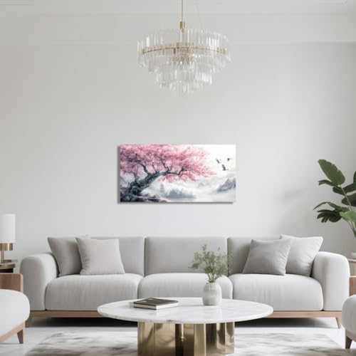 QIXIANG Cherry Blossom Mountain Canvas Wall Art Pink Floral Trees Pictures Large Landscape Painting Japanese Decor for Living Room Bedroom Framed (white,10" W x 20" L) - color: white, size: 10"W x 20"L