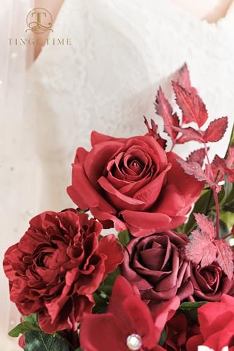 TINGE TIME 15 Inch Artificial Wedding Bouquets for Bride, Cascading Bouquet Wedding Bride Holding Flowers for Wedding Ceremony Anniversary, Bridal Shower and Party (Burgundy Red) - color: Burgundy Red