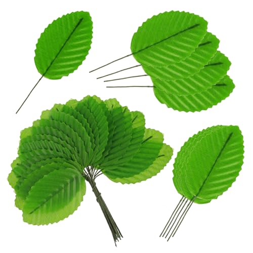 200 Pcs Green Silk Artificial Leaves - Fake, Faux Wired Single Leaf - Wire Crafts Leaves - Plastic - For DIY Bouquet, Wreaths, Wedding, Christmas - color: Green