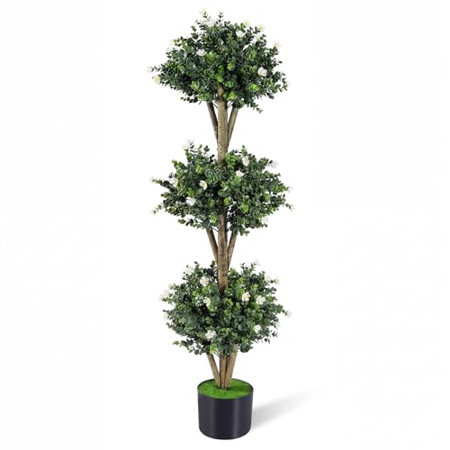 Goplus 51" Artificial Triple Ball Boxwood Topiary Tree, Faux Bush Plant with 59 Blossoms, Cement-Filled Plastic Pot, Sun-Resistant Indoor Outdoor Fake Greenery for Porch Home Decoration Housewarming - color: White