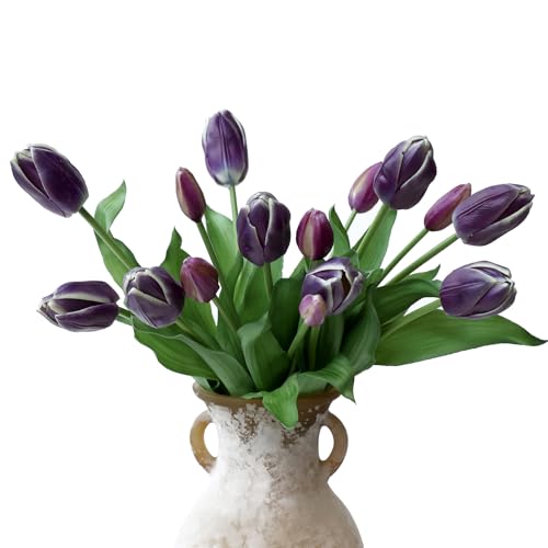 mizii 15Pcs Purple Tulips Artificial Flowers Latex Plastic Real Touch Fake Tulips Flowers Look Real Faux Tulip Flower Bouquet Decoration for Vase Room Table Centerpieces Home Decor (Dark Purple) - color: Dark Purple