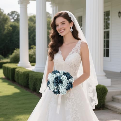 IPOPU 25PCS Artificial Gardenia Flowers 3.15’’ Dusty Blue Shades Fake Flower Heads Foam Roses with Stems for DIY Wedding Bouquets Party Home Centerpieces Decor(Dusty Blue Shades) - color: Dusty Blue Shades