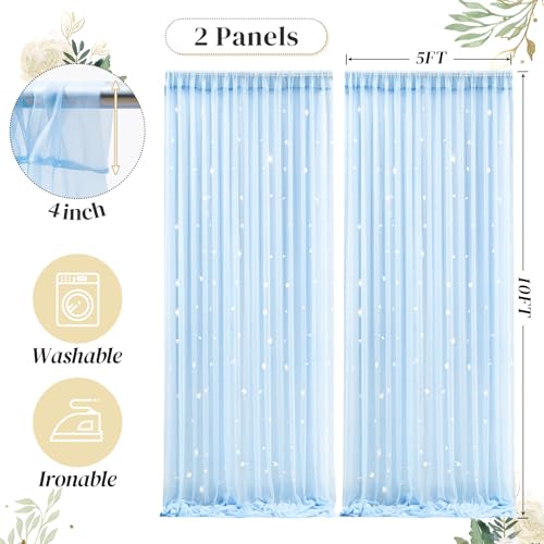 10ft x 10ft Blue Backdrop Curtain with Lights String for Parties, Sheer Tulle Wedding Photo Backdrops Drapes for Baby Shower Birthday Party Decorations Background for Photography - color: Blue, size: W5' x H10'(2 panels)
