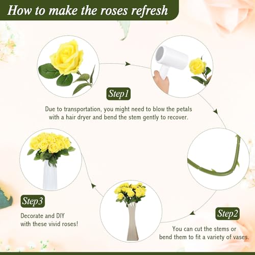 Hotop 40 Pcs Rose Artificial Flowers Bulk with Long Stem,Realistic Silk Fake Roses Bouquet for Home Wedding Centerpieces Party Table Decoration Valentines Gifts(Yellow) - color: Yellow