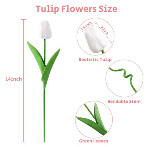 U'Artlines 30Pcs Fake Tulips Artificial Flowers with Stems Faux Tulips Bouquet Real Touch Flower for Wedding Home Kitchen Spring Easter Mother's Day Floral Arrangement Decor (White) - color: White